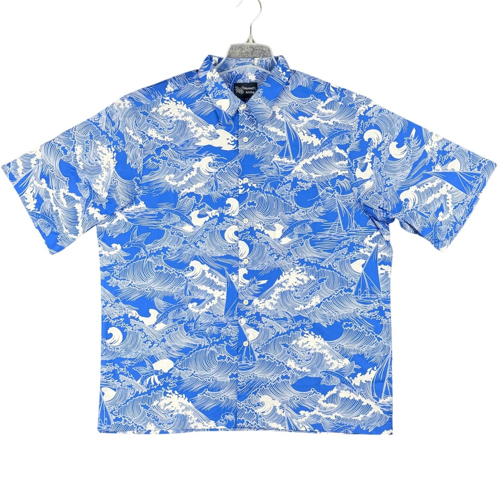 Honoli'i Aloha Men's L Blue White Ocean Wave Sailboat Print Cotton Shirt Summer